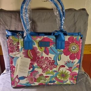 Trina Turk Multicolor Floral Tote with Blue Handles